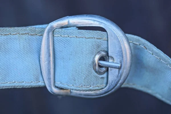 Part Old Belt Made Gray Dirty Fabric White Metal Buckle — стоковое фото