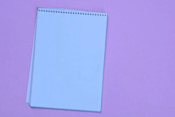 Jeden Bílý Prázdný Otevřený Zápisník Leží Růžovém Stole — Stock fotografie