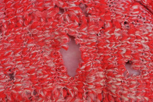 Textura Branca Vermelha Velho Tecido Malha Rasgado Com Buracos Cinzentos — Fotografia de Stock
