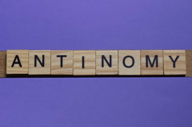 Ahşap gri harflerden yapılan antinomi kelimesi leylak arka planda yatar.