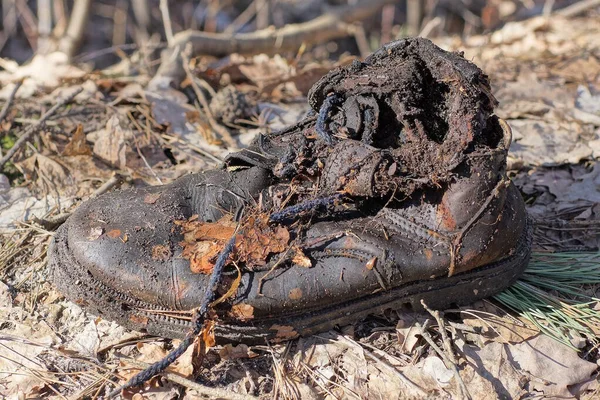 Basura Viejo Zapato Marrón Cuero Desgarrado Levanta Sobre Hojas Grises —  Fotos de Stock