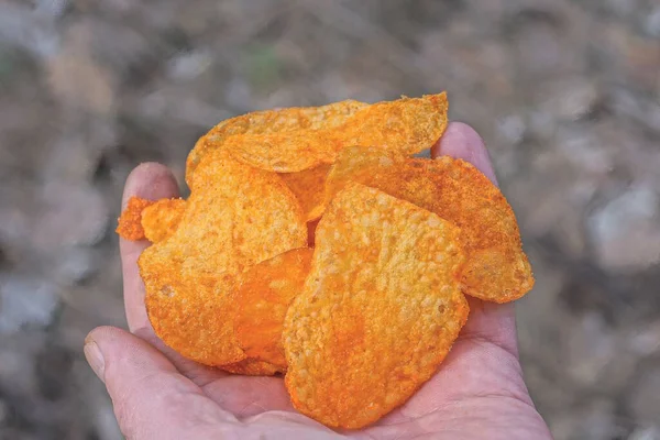 red dry potato chips food on the palm of the hand
