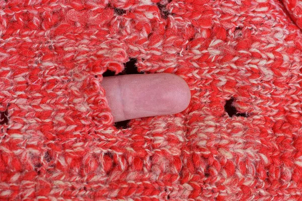 Red White Texture Old Woolen Torn Knitted Fabric Holes Finger — Stock Photo, Image