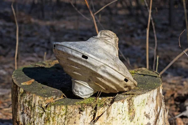 Jeden Šedý Starý Hliník Rotující Horní Hračka Leží Pařezu Stromu — Stock fotografie