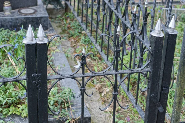 stock image part of a black metal decorative fence with a door made of black iron bars with white sharp tips near a grave in green grass in a cemetery