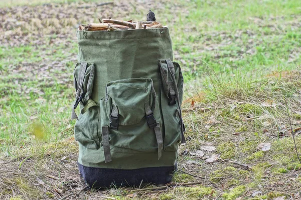 Один Большой Полный Рюкзак Стоит Мху Зеленой Траве Природе — стоковое фото