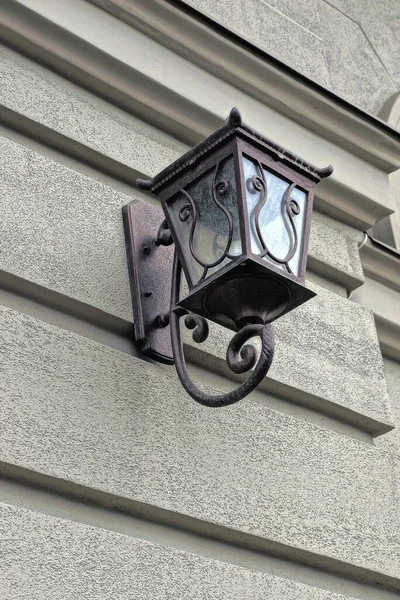 One Brown Metal Glass Lantern Hangs Gray Concrete Wall Building — Stock Photo, Image
