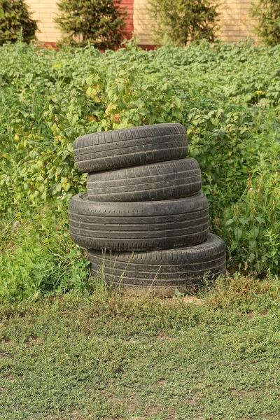 Pile Old Black Car Tires Stand Green Grass Vegetation Street Stock Image