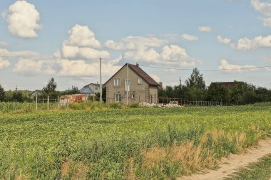 Kahverengi kiremitli çatının altında yeşil çimlerde ve bitkilerde mavi gökyüzüne karşı büyük gri bir ev.