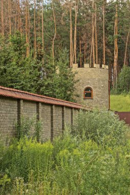 Çitin duvarına yakın bir penceresi olan kahverengi tuğladan bir kule çam ağaçlarının arka planında yeşil bitki örtüsüyle kaplı caddede.