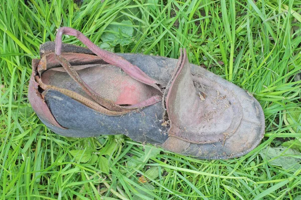 Viejo Zapato Marrón Negro Desgarrado Cuero Sucio Yace Hierba Verde —  Fotos de Stock