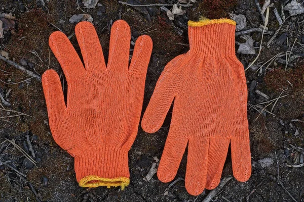 Δύο Κόκκινα Γάντια Εργασίας Ύφασμα Βρίσκονται Καφέ Ξηρά Βρύα Και — Φωτογραφία Αρχείου