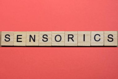 Algılayıcı kelimesini kırmızı bir masanın üzerinde siyah yazı tipi olan gri ahşap harflerden yaz.