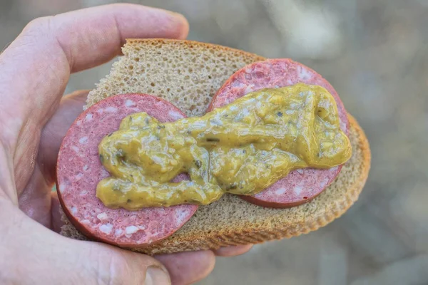Рука Тримає Шматочок Коричневого Хліба Бутерброд Червоною Ковбасою Під Зеленим — стокове фото