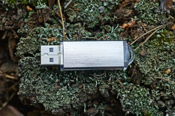Один Маленький Мобільний Сірий Флеш Накопичувач Лежить Зеленому Моху Відкритому — стокове фото