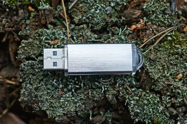 Egy Kis Mobil Szürke Flash Drive Fekszik Zöld Moha Szabadban Stock Fotó