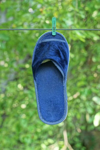 Jedna Modrá Letní Pantofle Visí Drátu Ulici Mezi Zelenou Vegetací — Stock fotografie