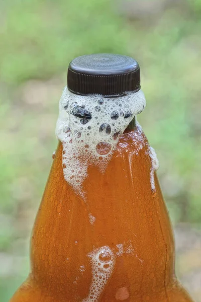 Белая Пена Шеи Одной Коричневой Закрытой Пластиковой Бутылки Зеленом Фоне — стоковое фото