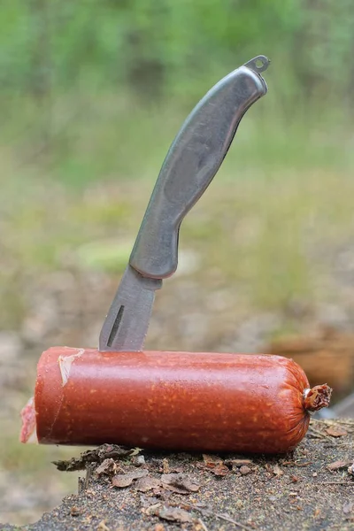 Один Серый Складной Нож Торчит Красной Колбасе Салями Стоящей Столе — стоковое фото