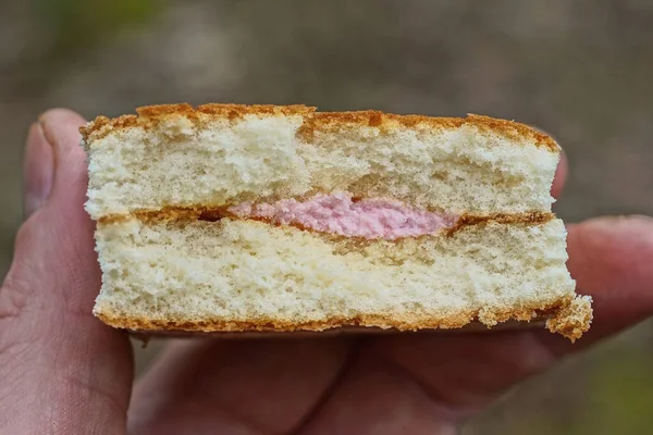 Рука Тримає Шматок Коричневого Торта Рожевим Кремом Вулиці — стокове фото