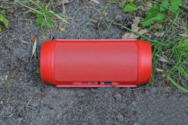 Jeden Czerwony Głośnik Muzyczny Leży Szarym Gruncie Zielonej Trawie Ulicy — Zdjęcie stockowe