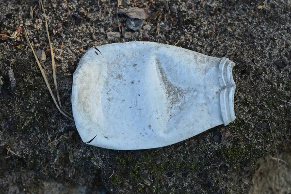 Garbage One Old White Plastic Bottle Lies Gray Ground Street — 图库照片