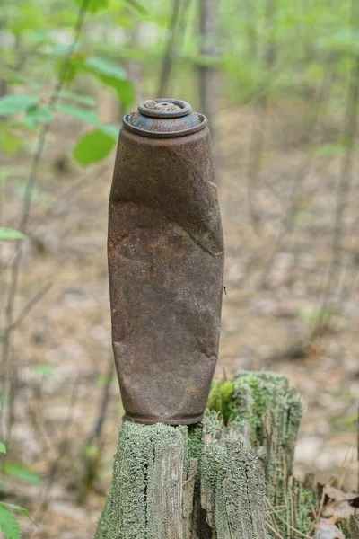 Jeden Długi Stary Brązowy Zardzewiały Spalony Metal Puszka Stoi Pniu — Zdjęcie stockowe