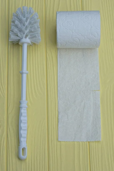 Plastic Toilet Brush Roll White Toilet Paper Lie Yellow Wooden — Stock Photo, Image