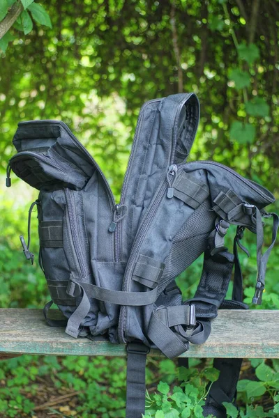 One Large Open Black Army Backpack Stands Gray Table Street — Stock Photo, Image