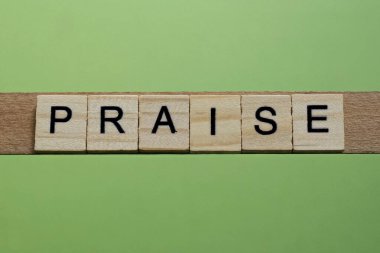 Sözcük övgü küçük gri ahşap harfler yeşil kağıt arka planda