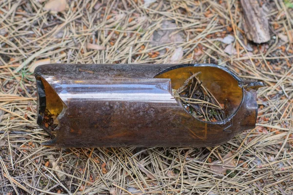 Одна Стара Розбита Пляшка Коричневого Скла Лежить Сірій Землі Вулиці — стокове фото