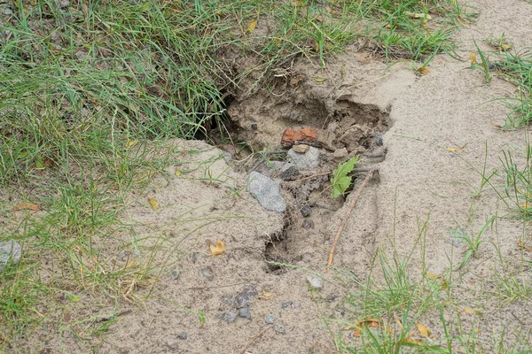 모래로 도로의 이자푸른 잔디에 구덩이에 구멍이 — 스톡 사진