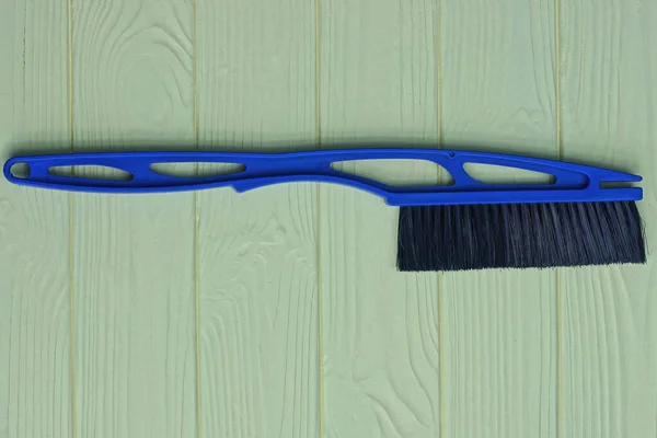 One Blue Plastic Brush Broom Cars Black Bristles Lies Yellow — Stock Photo, Image