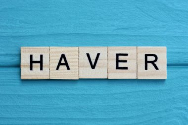 Kelime haver ahşap gri harflerden yapılmış mavi bir arka planda yatıyor