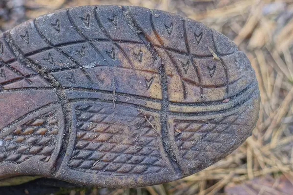 part of a old boot from a brown dirty plastic sole on a gray background