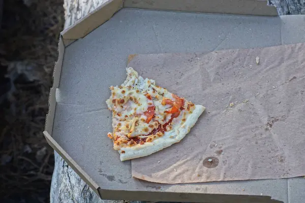 food from one piece of fried pizza lies on gray paper packaging box in the street