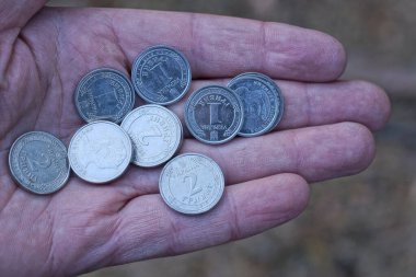 Beyaz yeni Ukrayna sikkeleri gri arka planda kahverengi bir avucun üzerinde uzanır.