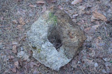 Eski, kirli, büyük, gri bir tuğla parçası sokakta yerde yatıyor.