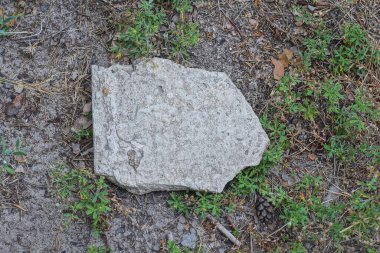 Gri, kirli bir taş parçası sokakta yerde yatıyor.