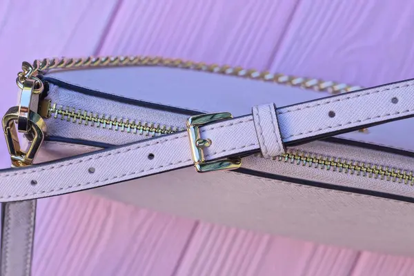 stock image leather harness with a metal gold carabiner on the ring on a pink  bag