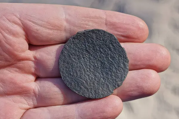 stock image one black round rubber patch for a tire lies on the palm of a hand