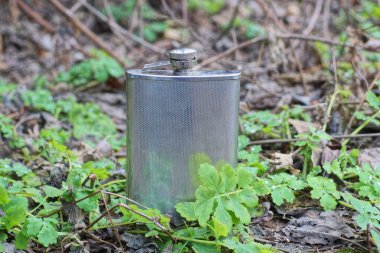 Bir gri metal şişe Spring Caddesi 'ndeki yeşil bitki örtüsünün içinde yerde duruyor.