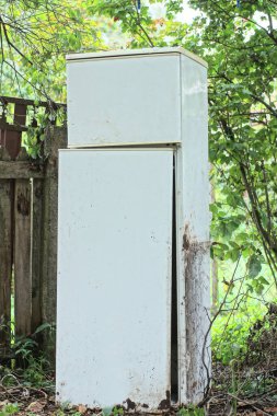 Kırık kapılı paslı beyaz metal bir buzdolabı, yaz sokağındaki yeşil bitki örtüsünün arasında duruyor.