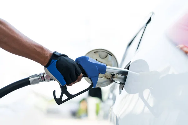 Man Hand Filling Pumping Gasoline Oil Car Fuel Station Filling — Stock Photo, Image