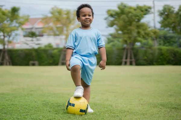 晴れた日に公園でサッカーボールを持つかわいい男の子が遊びに出てきました — ストック写真