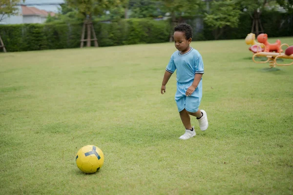 Güneşli bir günde parkta futbol topuyla gezen sevimli küçük çocuk eğlenmek için dışarı çıktı..