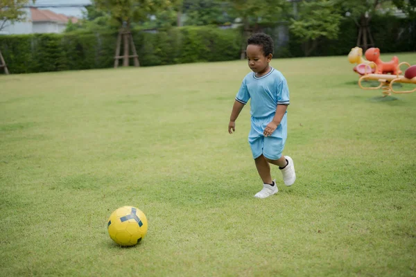 Netter Kleiner Junge Mit Fußball Park Einem Sonnigen Tag Sind Stockbild