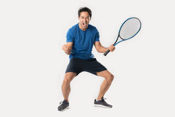 Jugador Tenis Feliz Macho Regocijándose Por Éxito Fondo Blanco — Foto de Stock