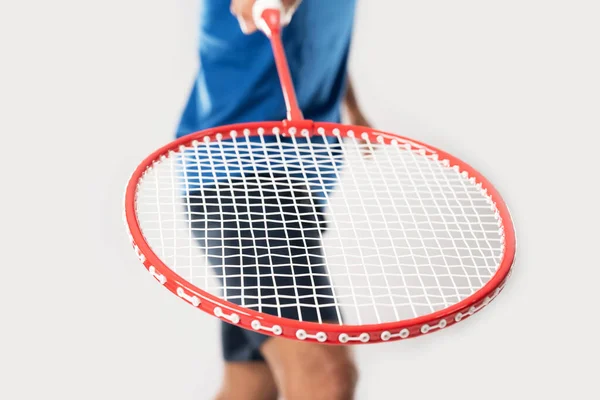 Jogador Badminton Sportswear Está Segurando Uma Raquete Shuttlecock Fundo Branco — Fotografia de Stock
