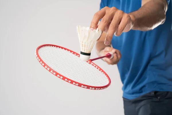 Badminton Player Sportswear Stands Holding Racket Shuttlecock White Background — Stock Photo, Image